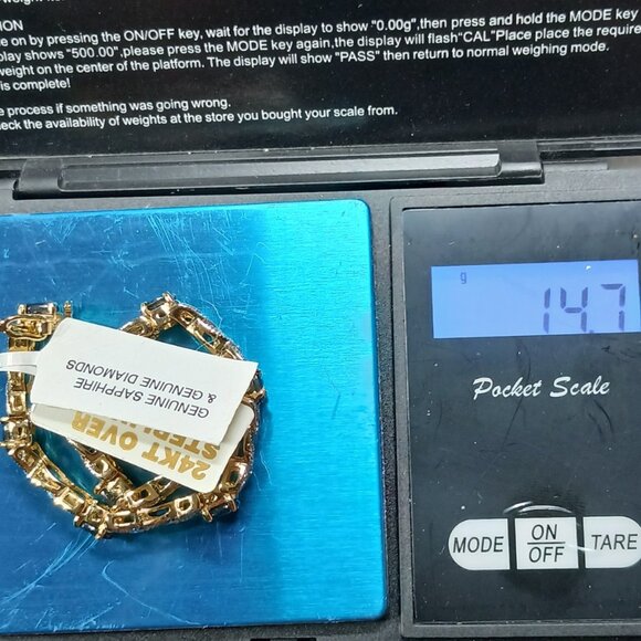 24K Gold Over Sterling Silver Sapphire Tennis Bracelet 7.25" 14g NWT - Picture 3 of 13